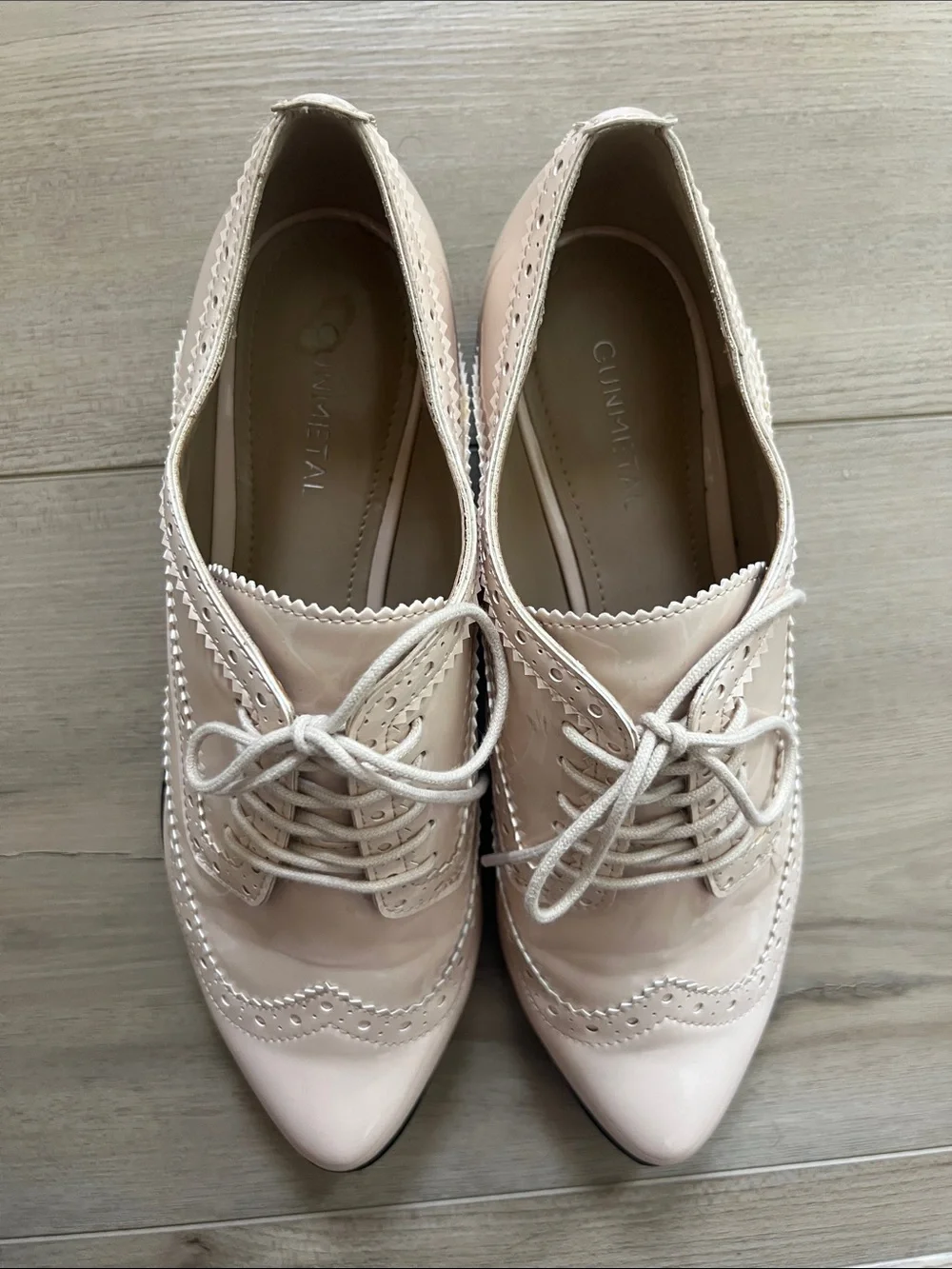 Patent Brogue Lace-Up Flats in Light Cream
